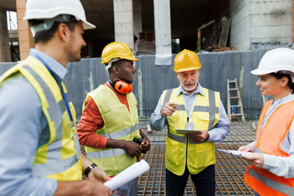 A varied group of workers performs site analysis at the construction site